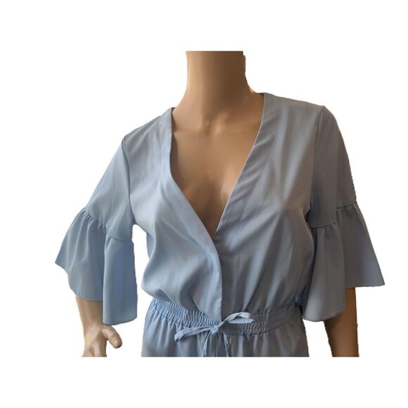 SHEIN Light Blue Bell Sleeves V-Neck Elastic Waist Tie Jumpsuit Size S - Picture 2 of 15